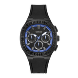 Black Guess watch with blue accents on a white background