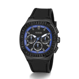 Black Guess watch with blue accents on a white background