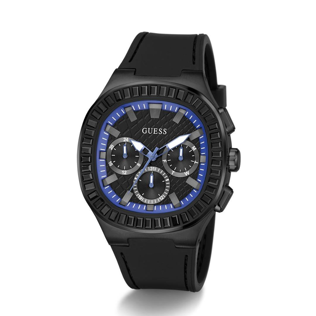 Black Guess watch with blue accents on a white background