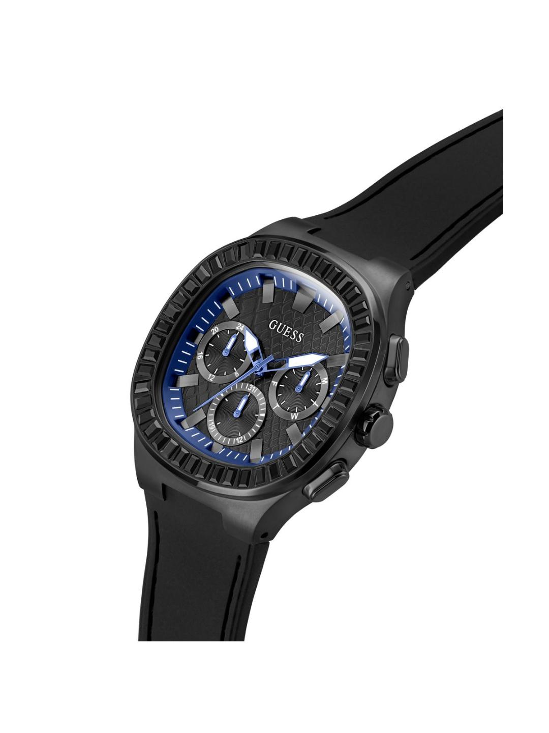 Black watch with blue face on a white background