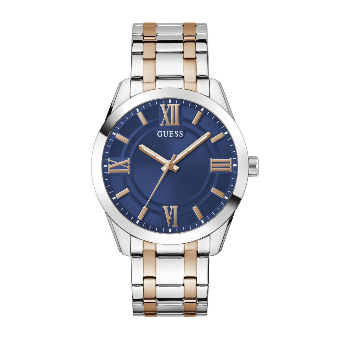 Two-tone watch with blue dial and gold accents on a white background