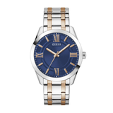 Two-tone watch with blue dial and gold accents on a white background