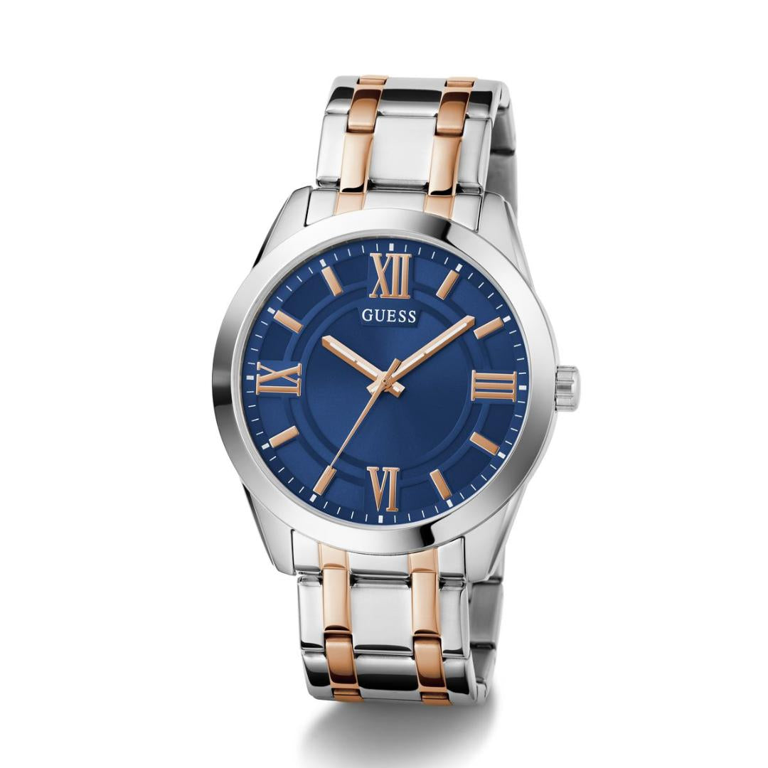 Two-tone watch with blue dial and rose gold accents on a white background