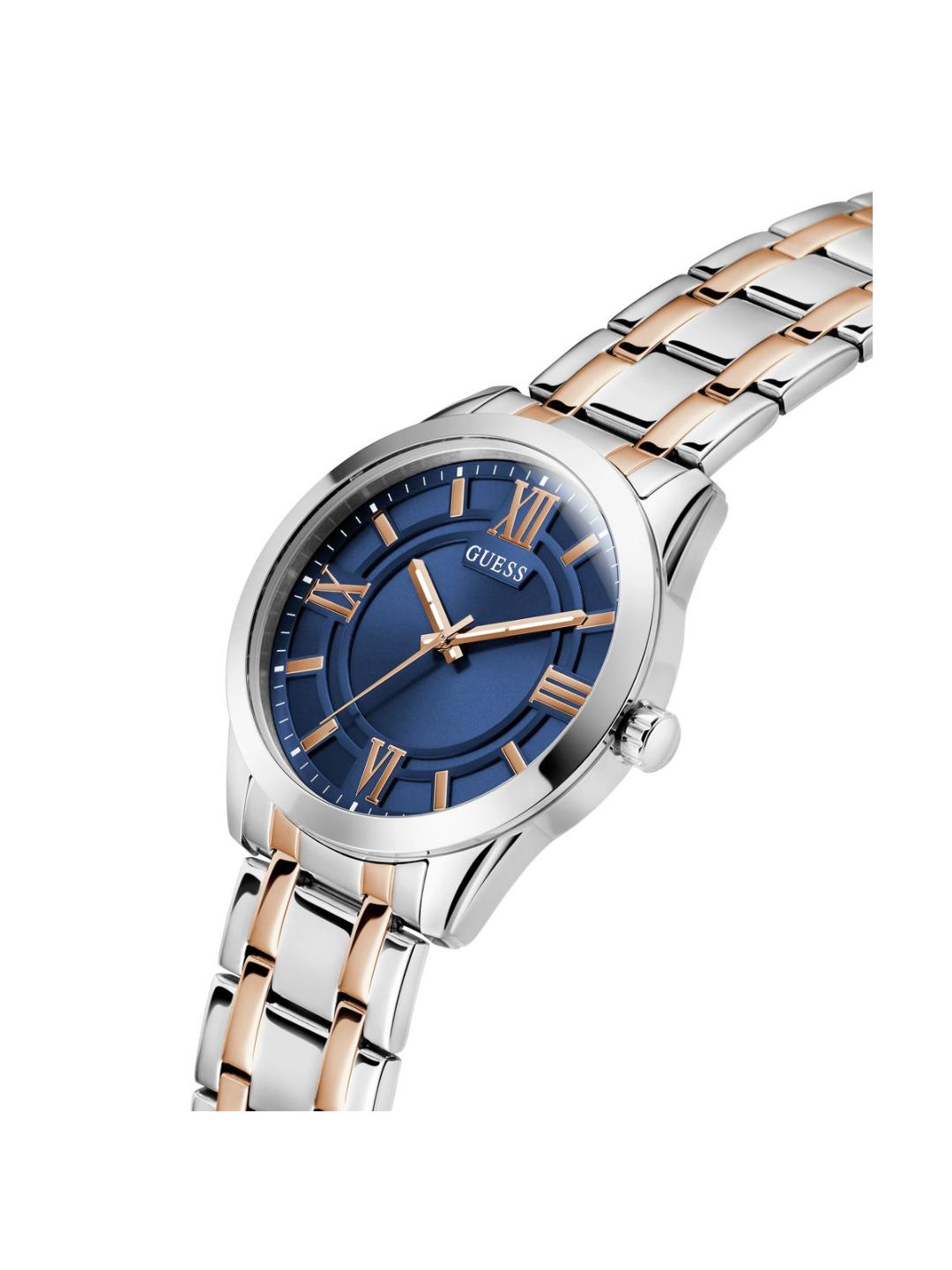 Two-tone watch with blue dial and rose gold accents on a white background