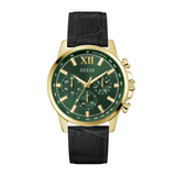 Green and gold watch with black strap on a white background