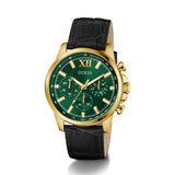 Guess watch with green dial and black strap on a white background
