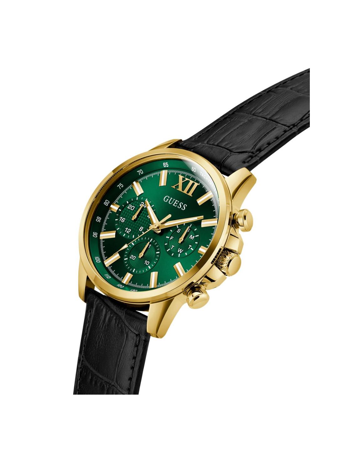 Watch with green face, gold case, and black leather strap on a white background