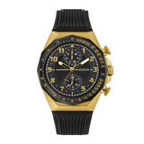 Gold and black watch with visible brand logo on a white background