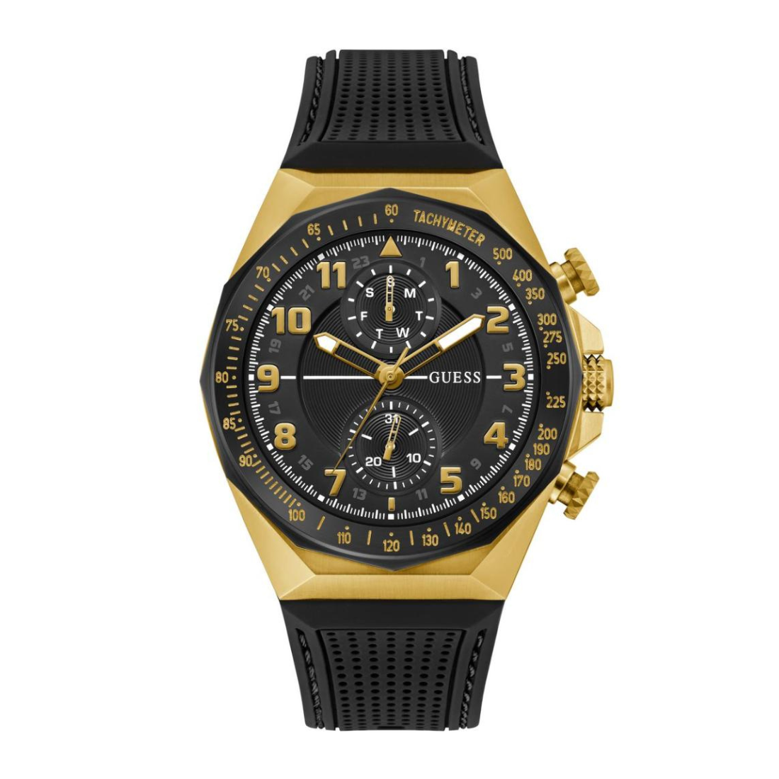 Gold and black watch with visible brand logo on a white background