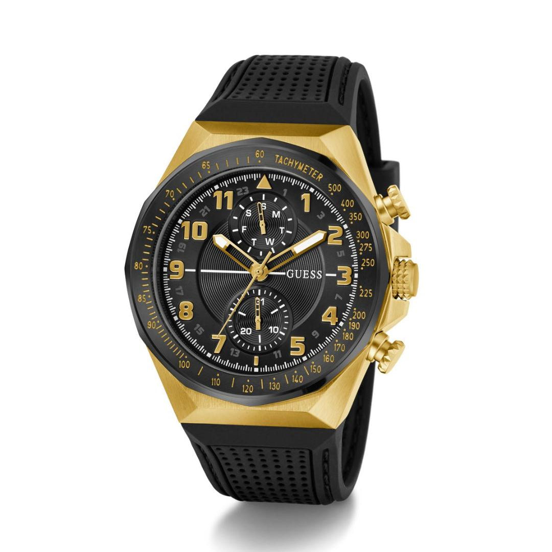 Gold and black watch with detailed face on a white background
