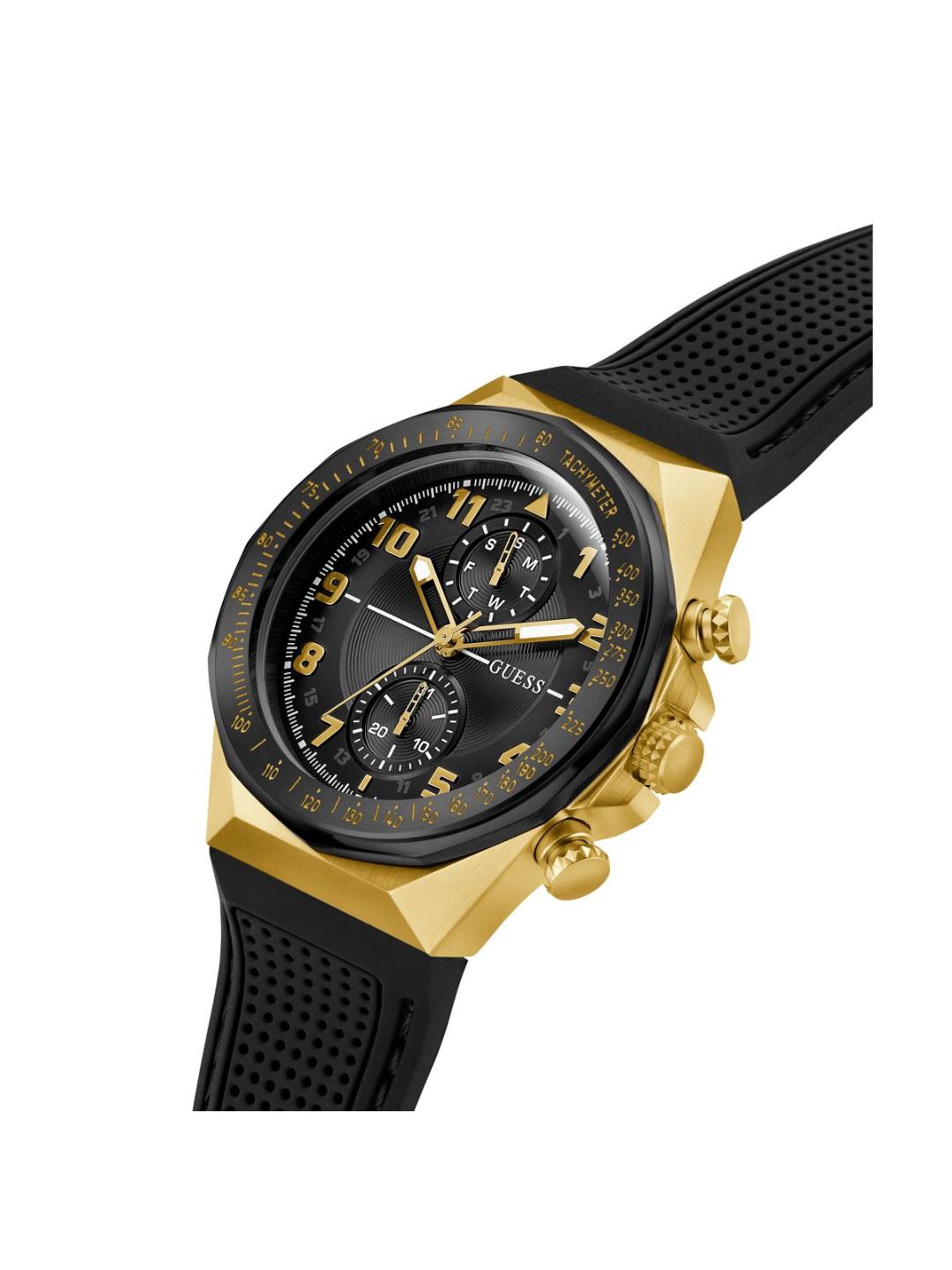 Black and gold watch with a detailed face on a white background