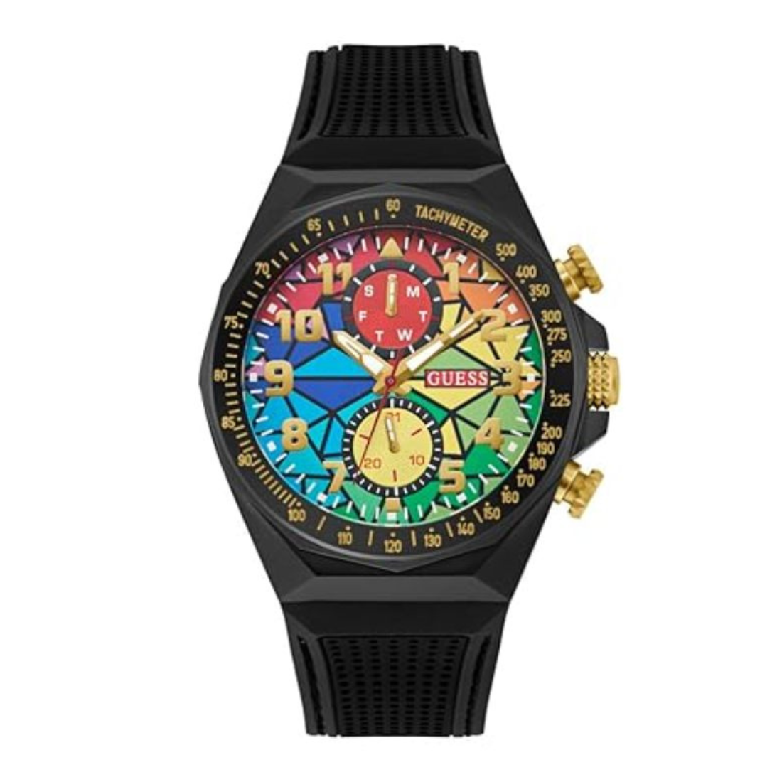 Multicolored watch with black strap on a white background