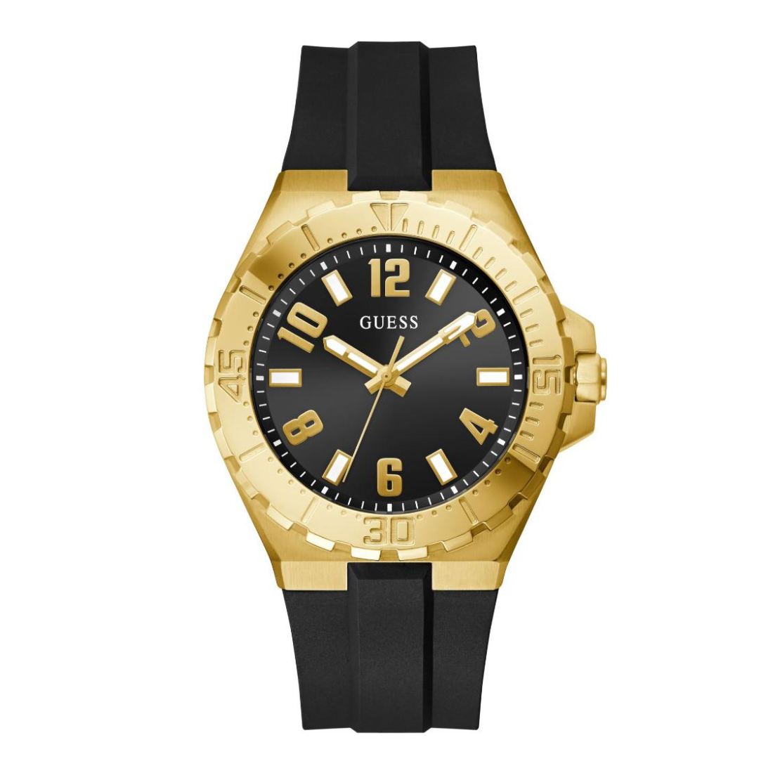 A Guess wristwatch with a gold-tone case, black dial, and black silicone strap, shown against a plain white background.