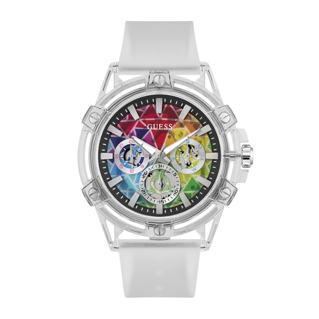 Colorful watch with a white strap on a white background