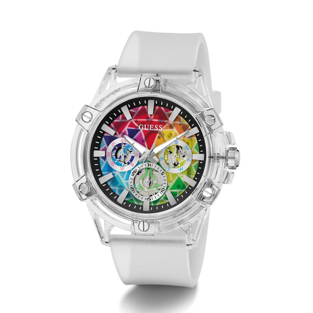 White Guess watch with a colorful face on a white background