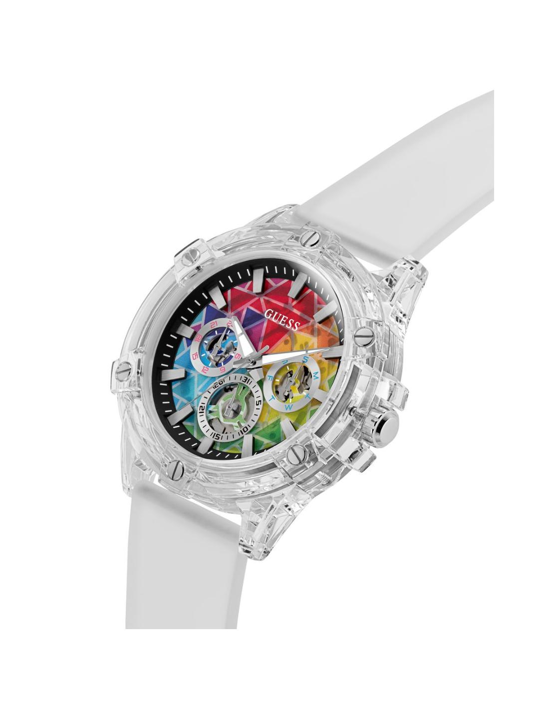 Watch with a colorful face and white strap on a white background