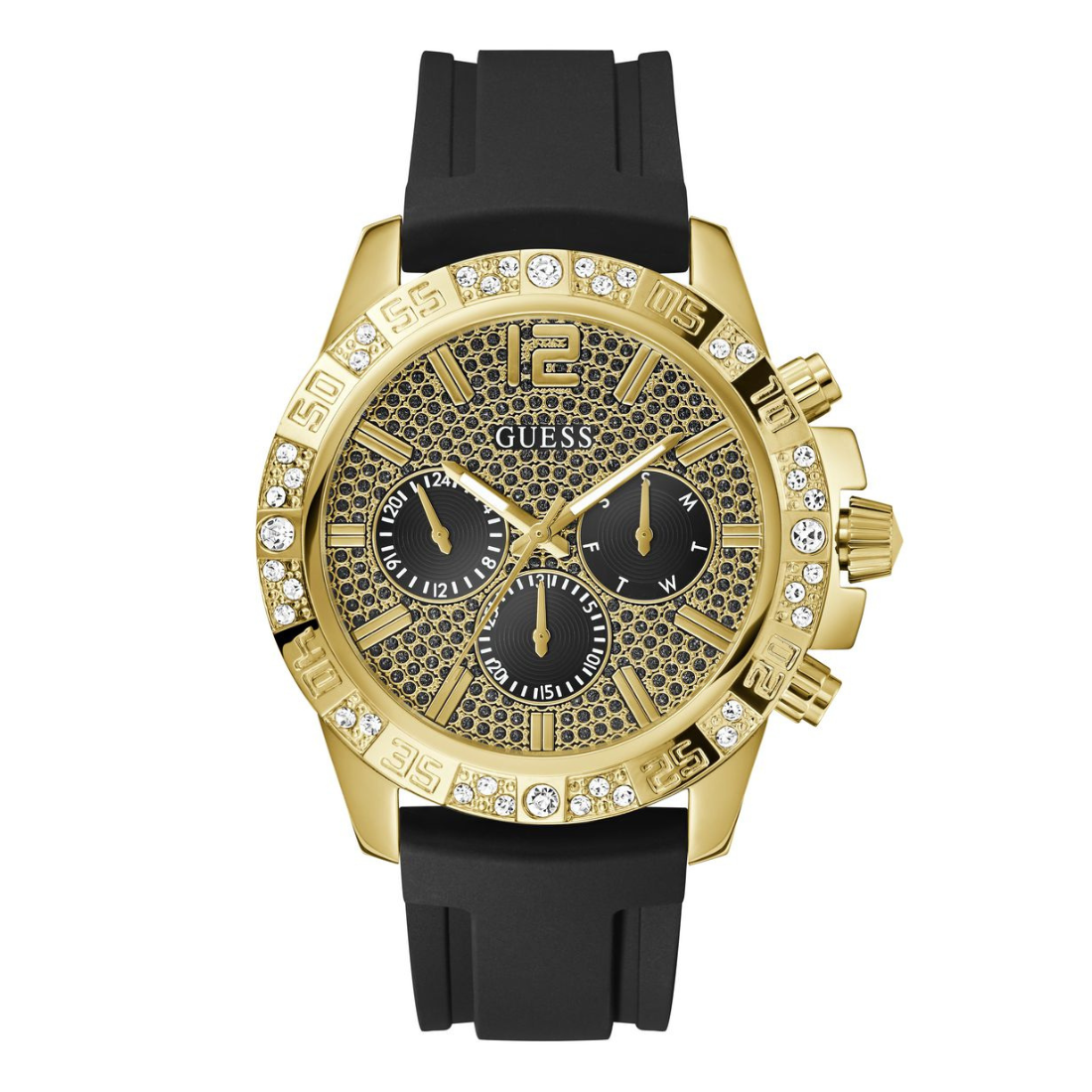 Gold-tone Guess chronograph watch with a black textured dial, black bezel details, and a black silicone strap, shown on a white background.