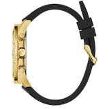 Gold watch with black strap on a white background