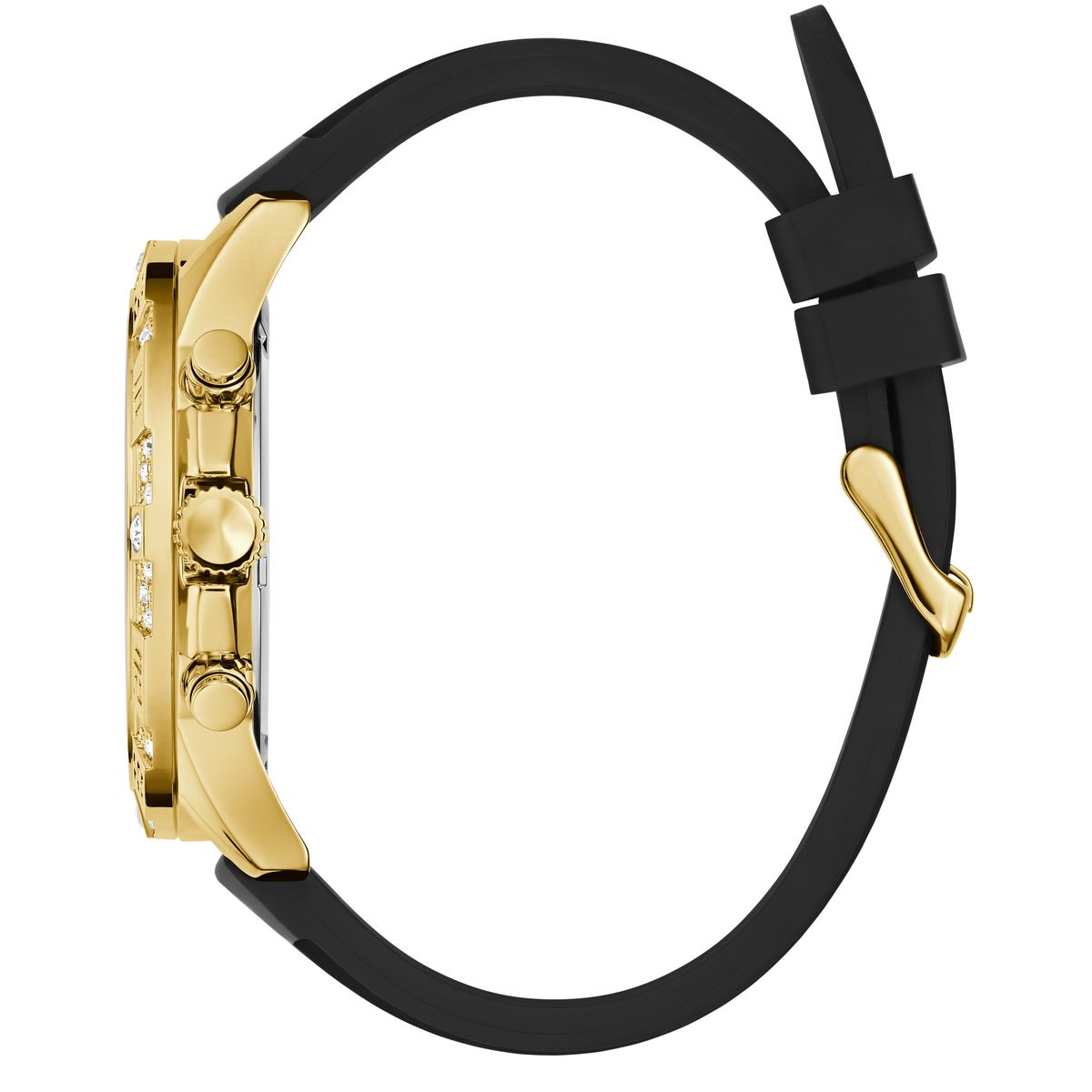 Gold watch with black strap on a white background
