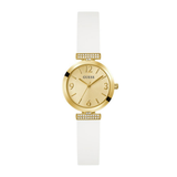 Gold watch with a white strap on a white background