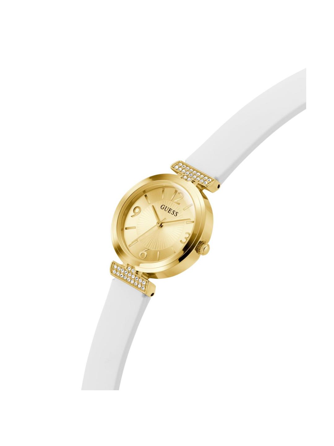 Gold watch with a white strap on a white background