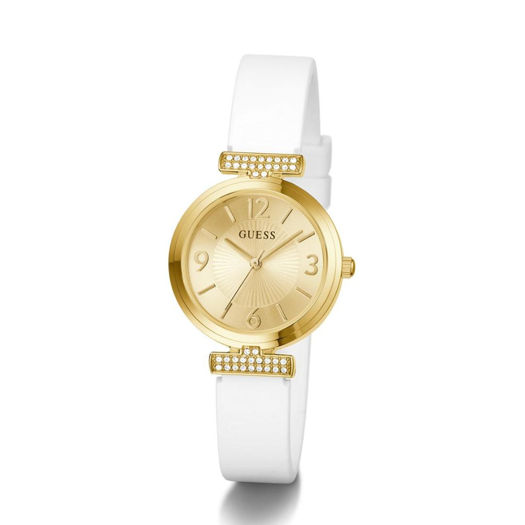 Gold watch with a white strap on a white background
