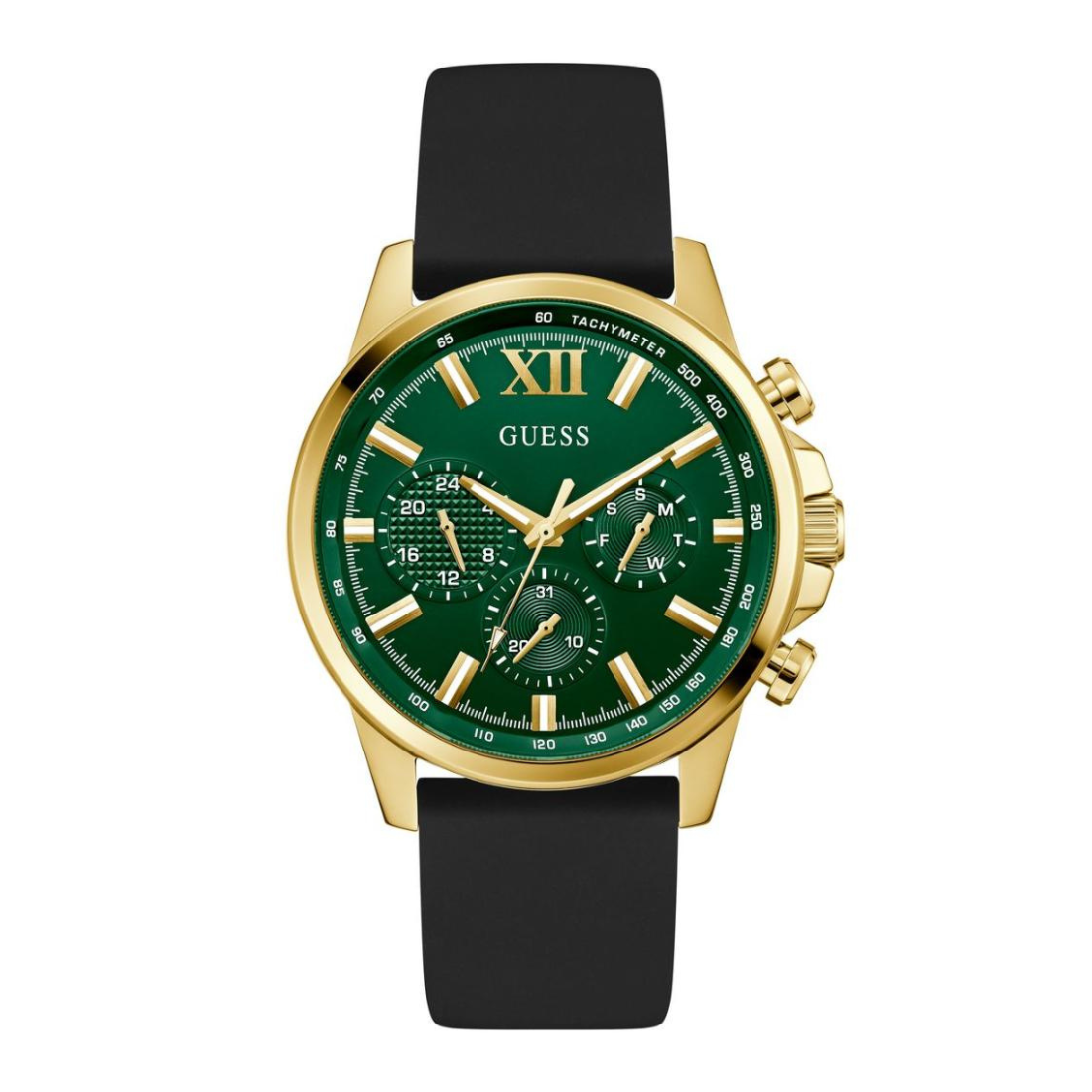 Green and gold watch with black strap on a white background