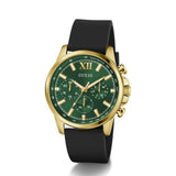 Guess watch with green dial and black strap on a white background