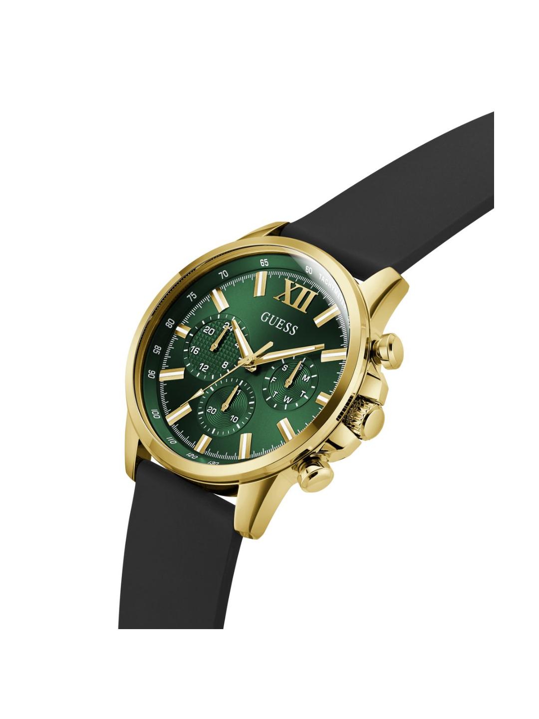 Gold watch with green face and black strap on a white background