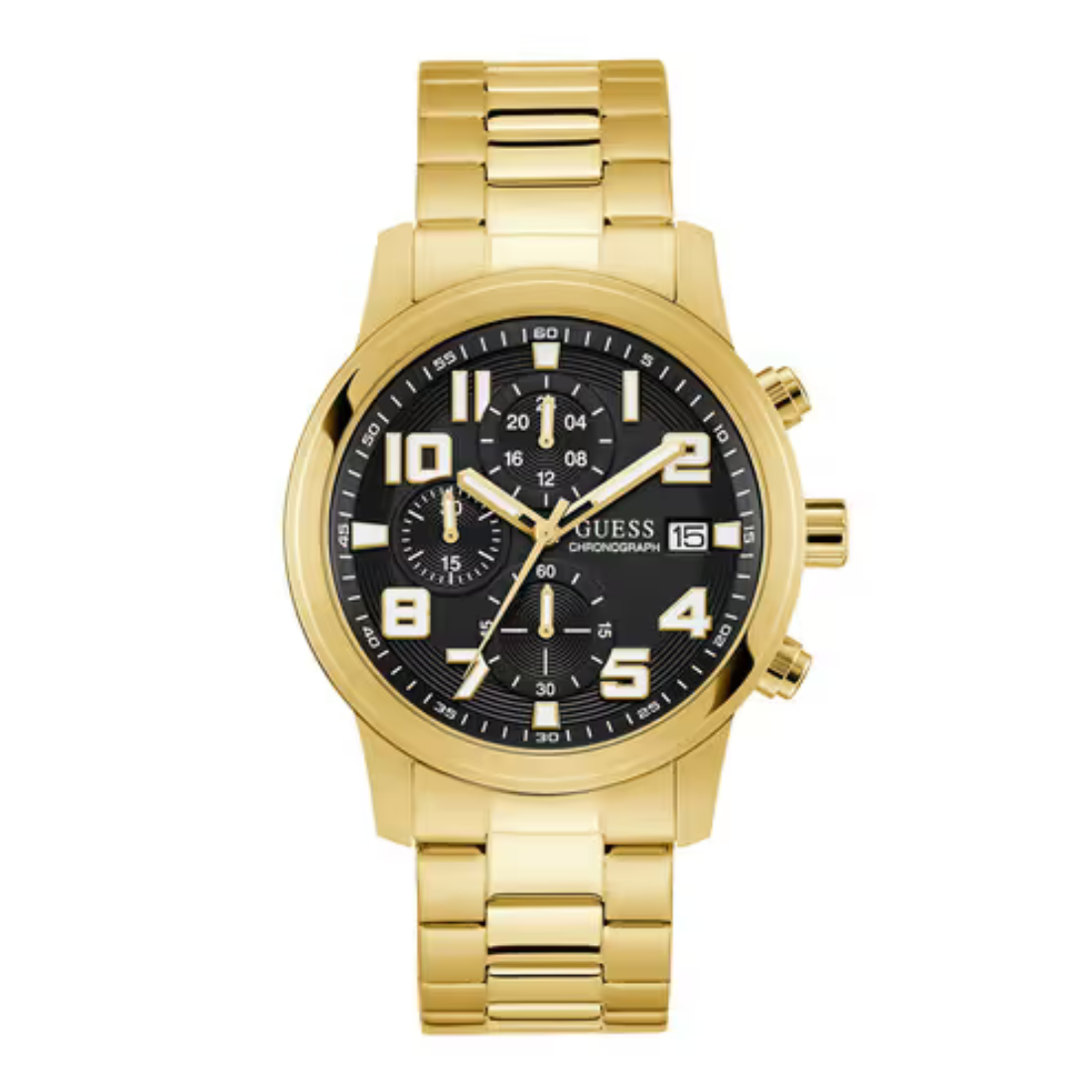 A gold-tone stainless steel wrist watch with a black dial, featuring gold-tone hour markers, hands, and bezel details, shown against a plain white background.