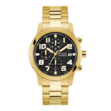 A gold-tone stainless steel wrist watch with a black dial, featuring gold-tone hour markers, hands, and bezel details, shown against a plain white background.