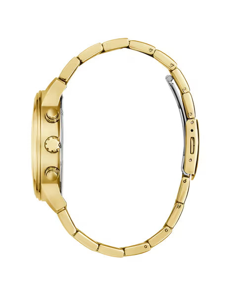 A gold-tone metal watch with a matching link bracelet, shown from a side profile view on a solid white background.