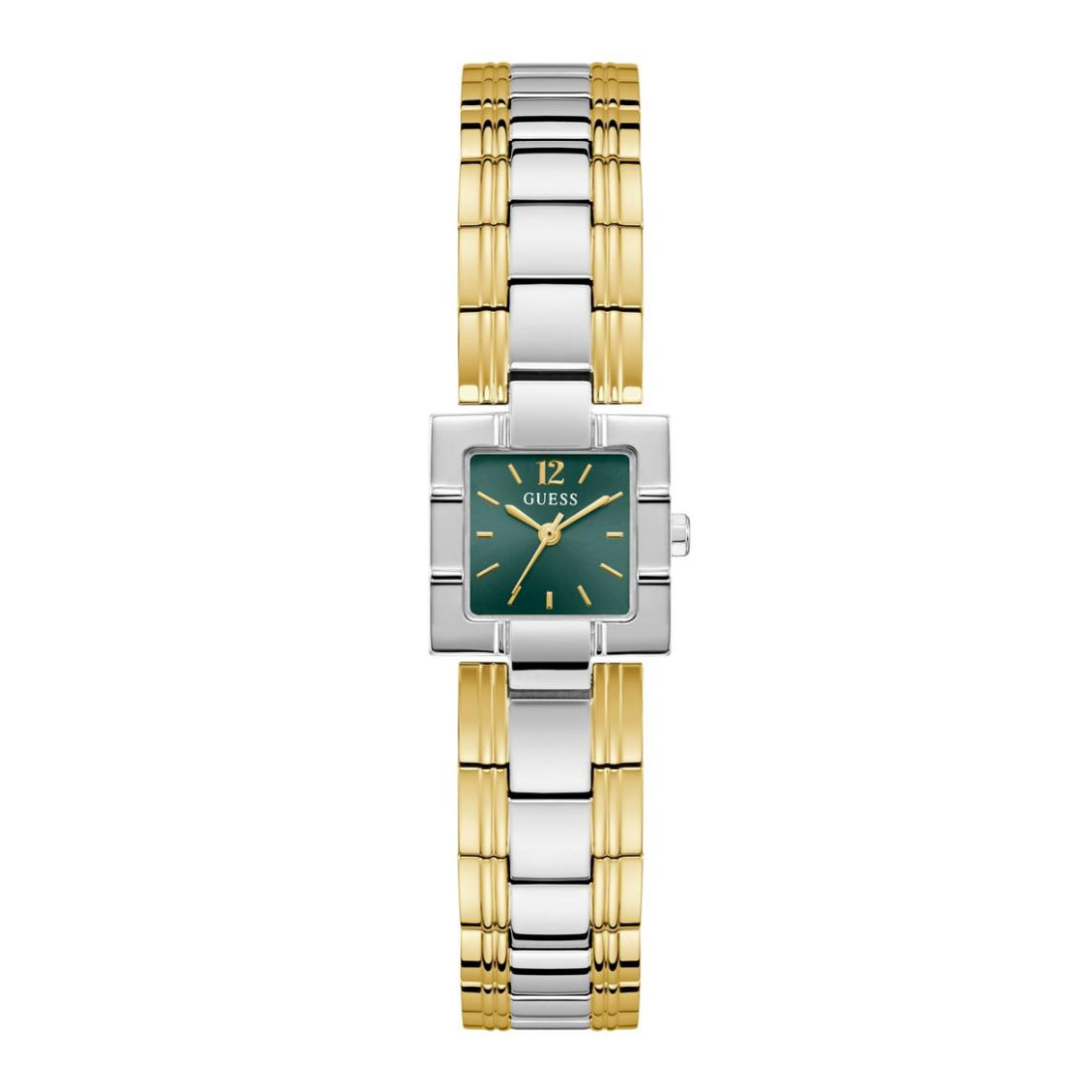 Two-tone silver and gold watch with green dial on a white background