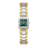 Two-tone silver and gold watch with green dial on a white background