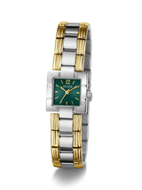 Two-tone watch with green face on a white background