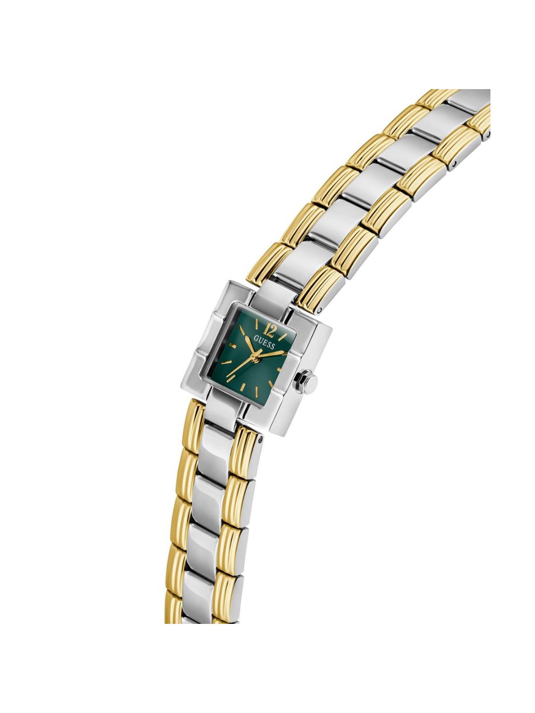 Two-tone watch with a square green dial on a white background