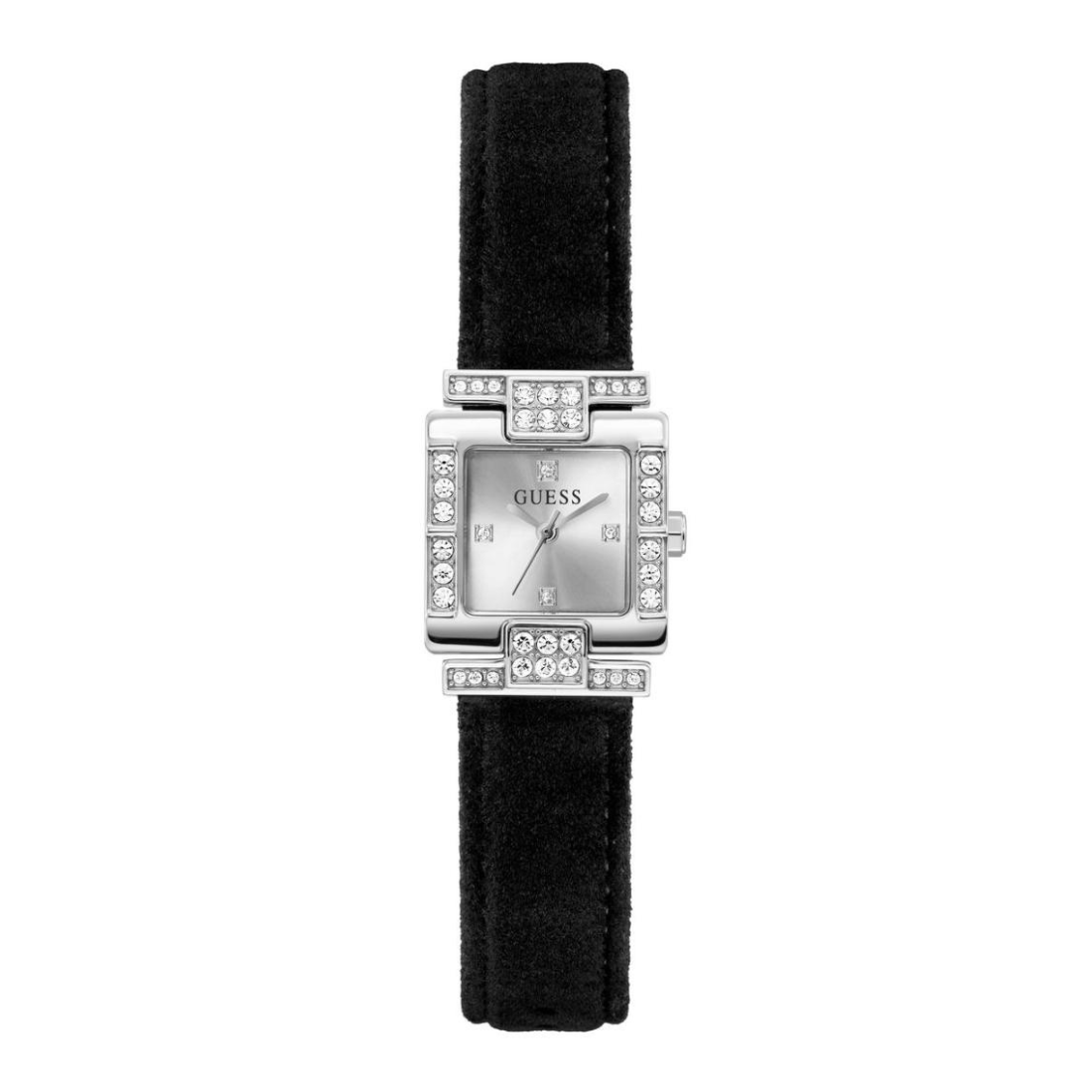 Black wristwatch with silver case and Guess logo on a white background