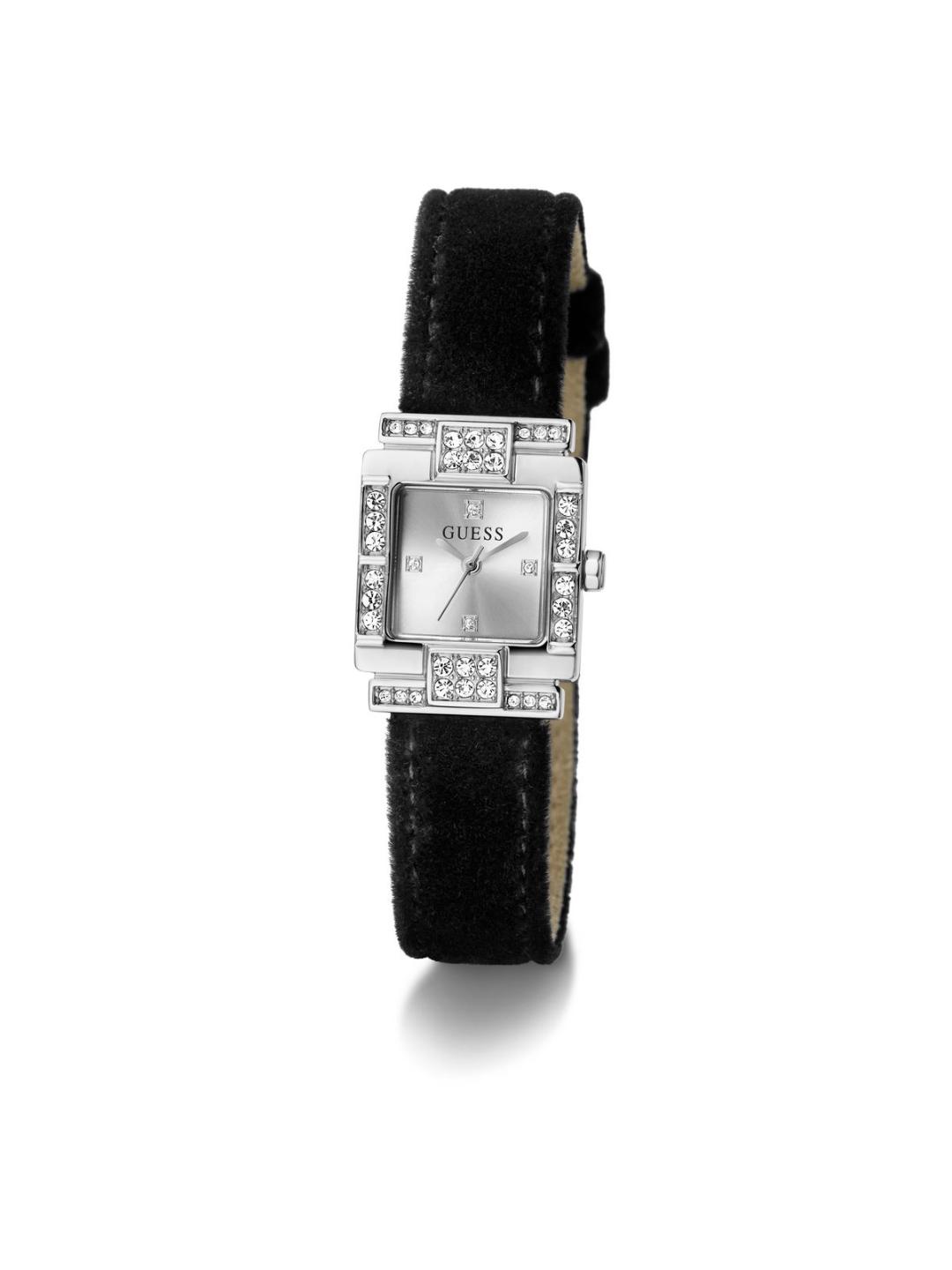 Black wristwatch with silver case on a white background