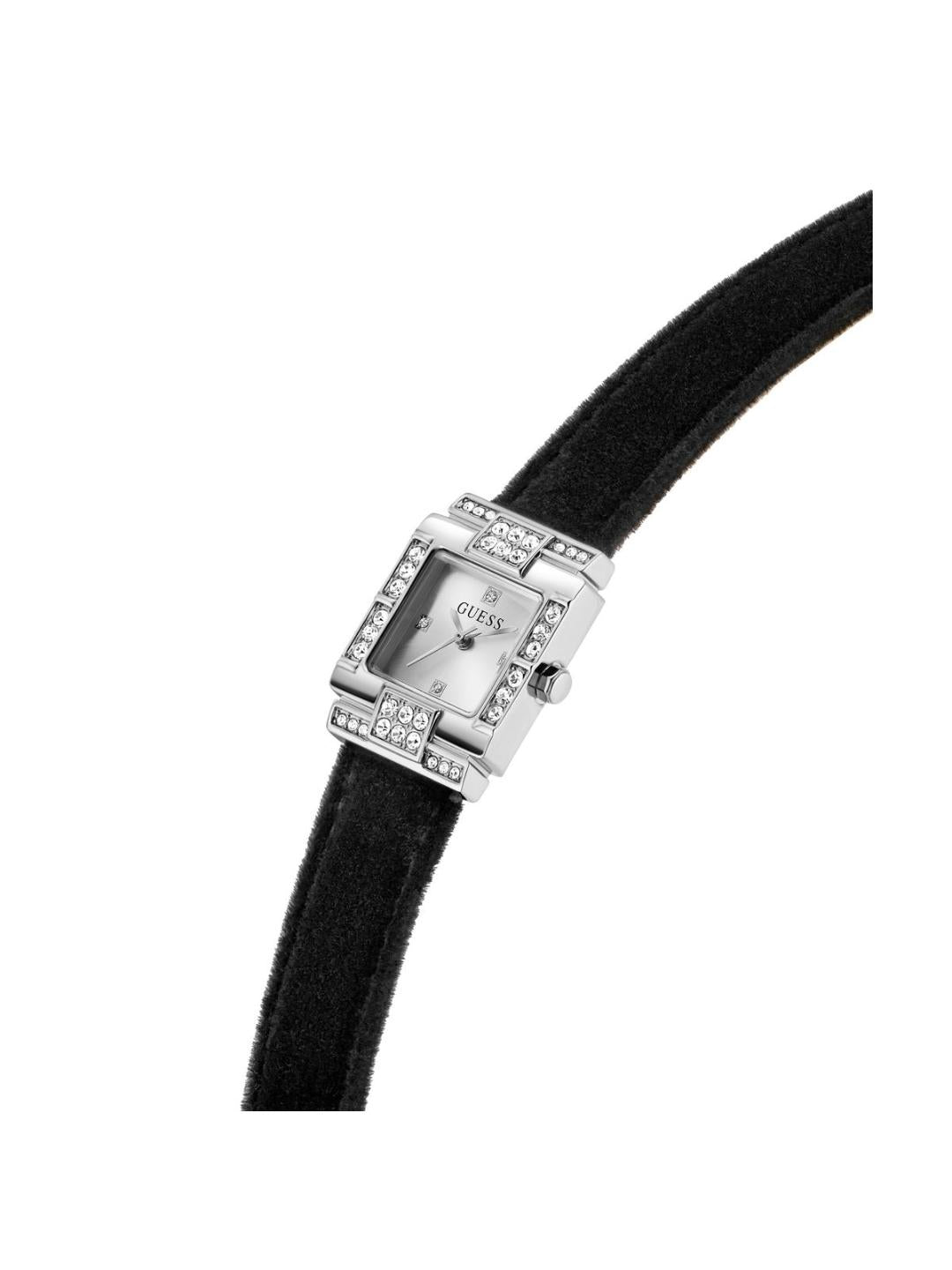 Black wristwatch with a silver case on a white background