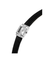 Black wristwatch with a silver case on a white background