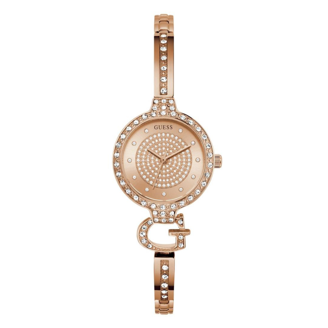 Rose gold watch with diamond accents on a white background