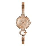 Rose gold watch with diamond accents on a white background
