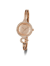 Rose gold watch with diamond accents on a white background