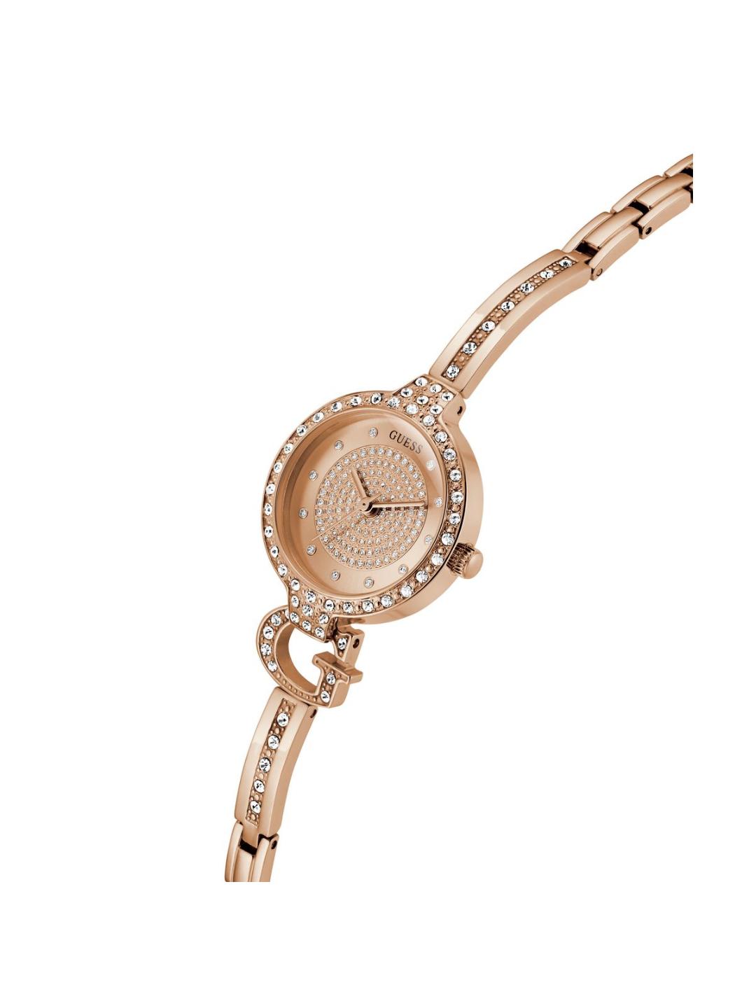 Rose gold watch with diamond accents on a white background