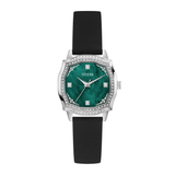 Watch with green face, black strap, and visible brand name on a white background