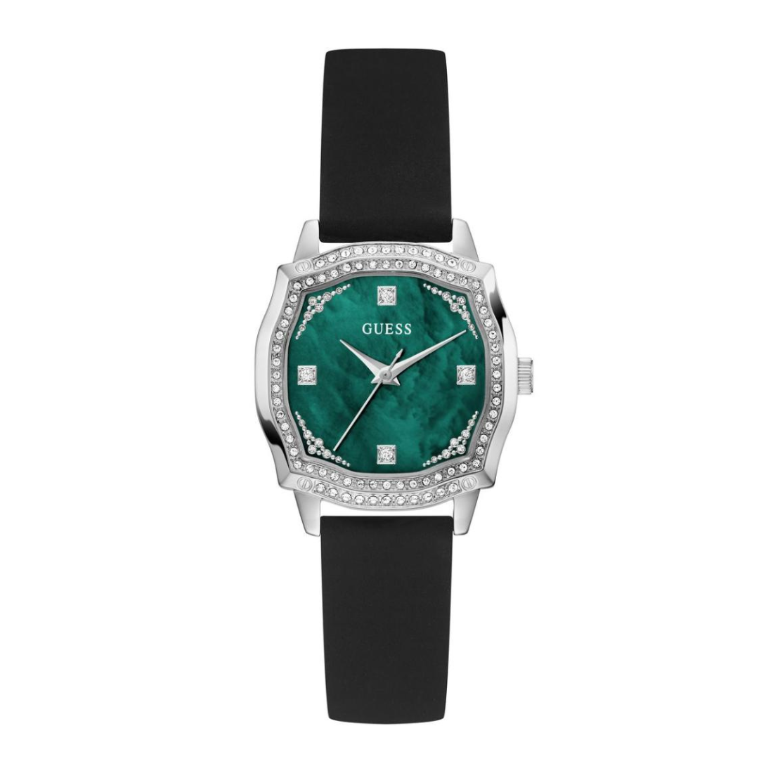 Watch with green face, black strap, and visible brand name on a white background