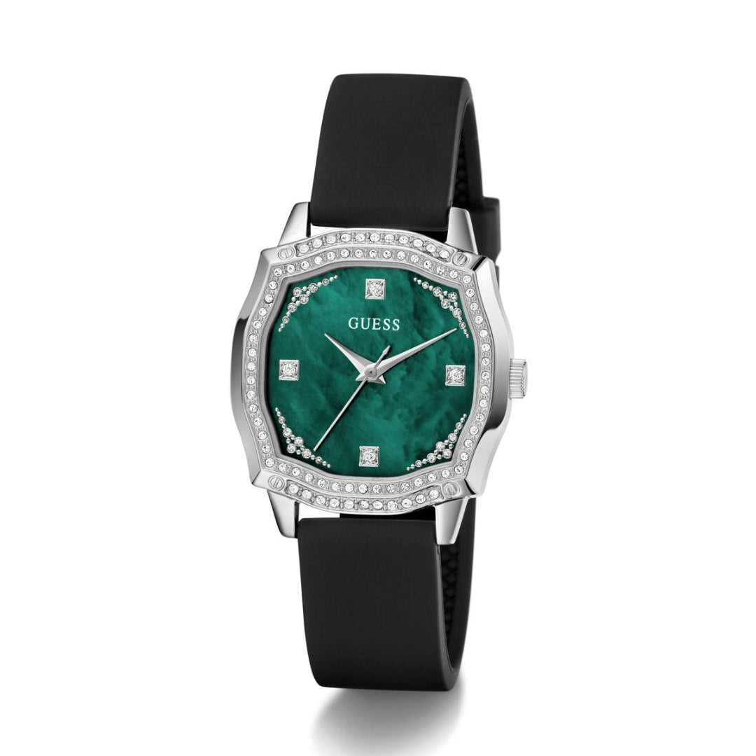 Guess watch with green face and black strap on white background