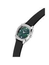 Guess watch with green face and black strap on a white background