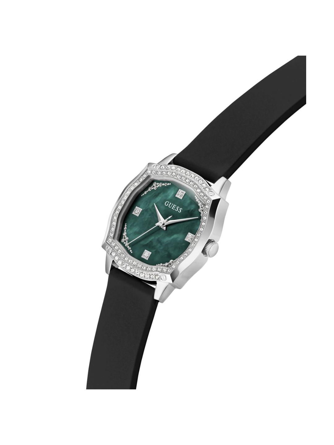 Guess watch with green face and black strap on a white background