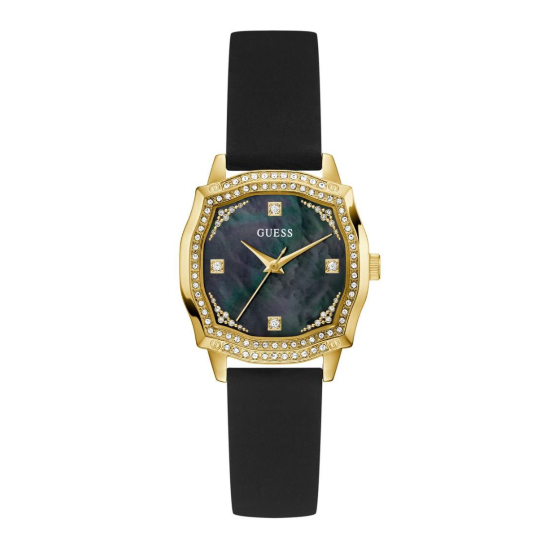 Gold-framed watch with black strap and gemstone accents on a white background